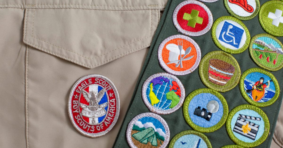 SAINT LOUIS, UNITED STATES - OCTOBER 16, 2017:  Eagle patch and merit badge sash on Boy Scouts of America (BSA) uniform
